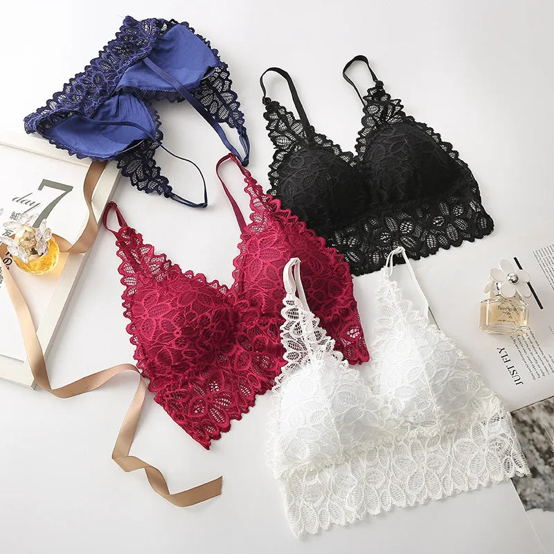 Floral Lace V Neck Bralette Adjustable Thin Straps Wireless Lace Bra
