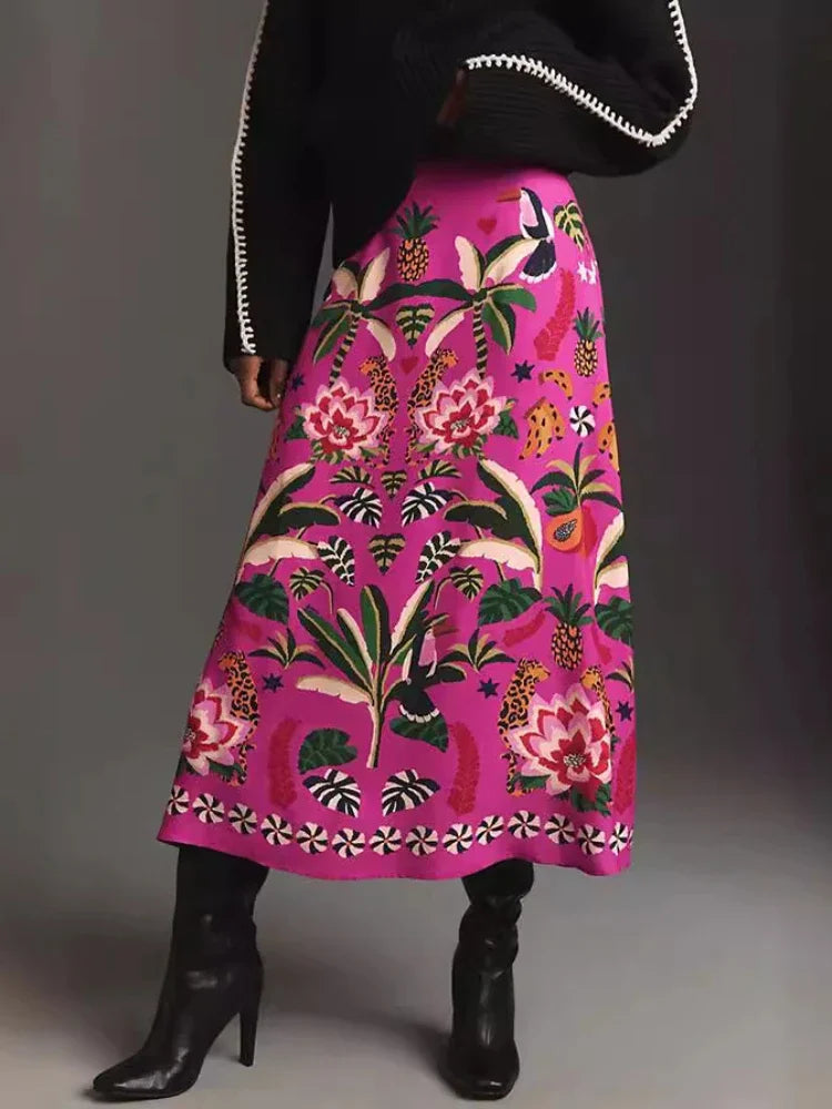 Street Tropical Plant Print Retro Half Skirt