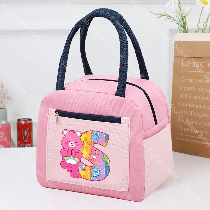 Care Bears Lunch Bag Thermal Cooler Cute Cartoon Letter A-Z Lunch Box Large Capacity
