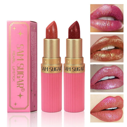 Pearlescent Pink Glitter Metallic Waterproof  Diamond Lipstick
