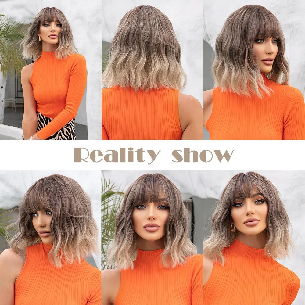 Wavy Bob Short Blonde Dark Roots Wigs