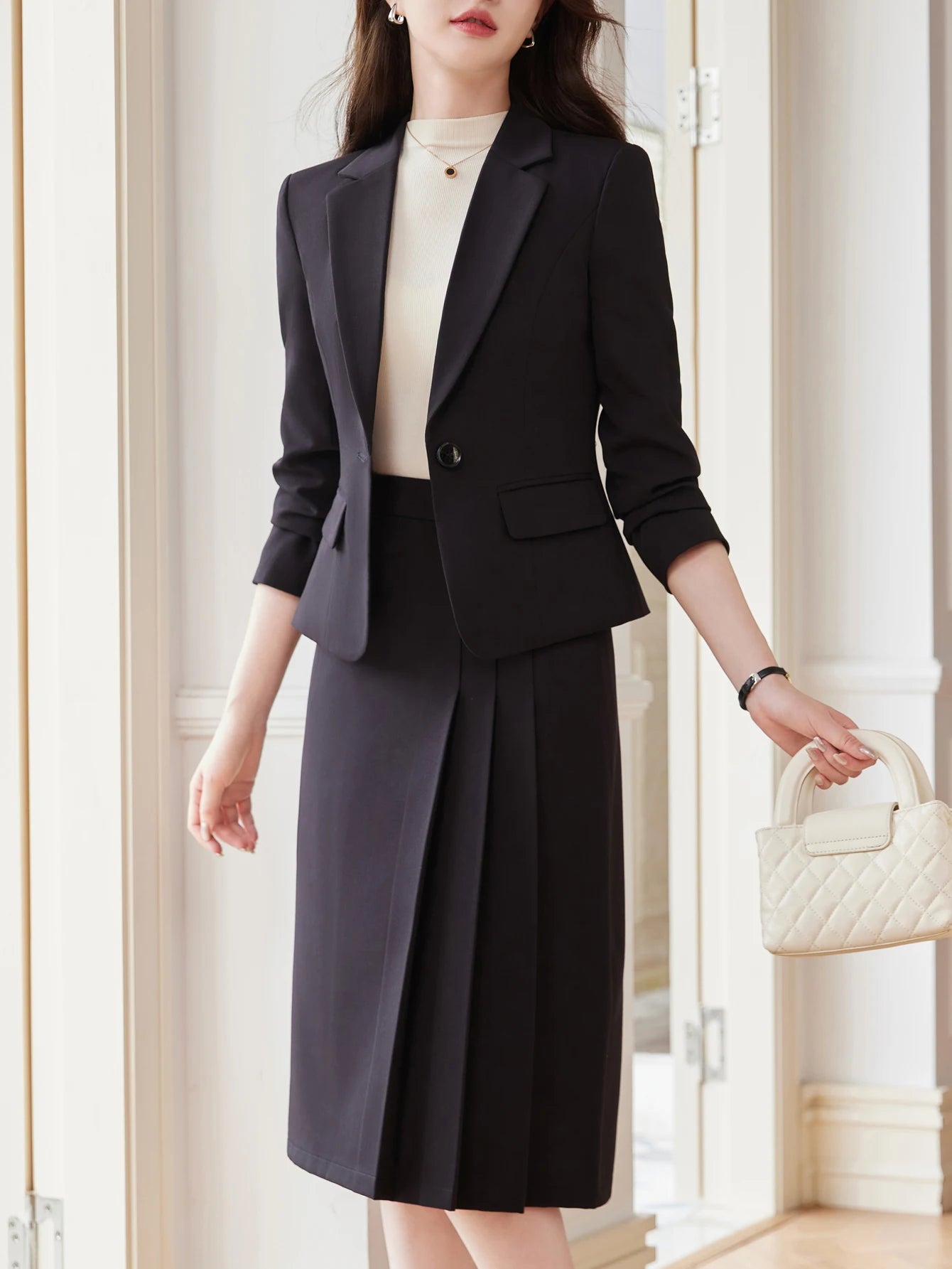 Notch Lapel Single-Button Suit Dress Set