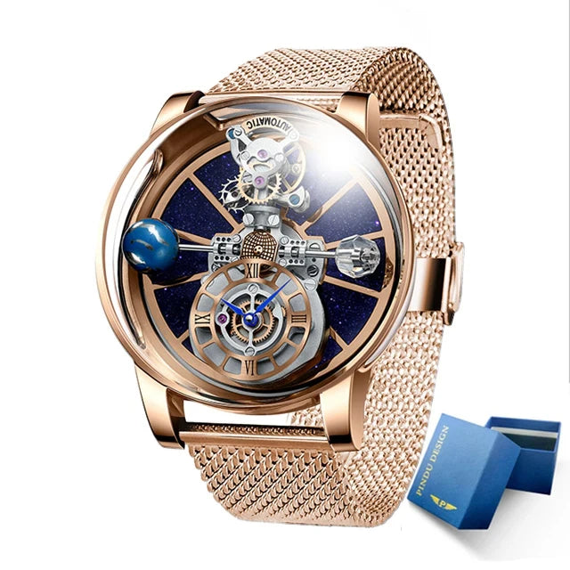 Celestial Starry Sky Curved Glass Transparent Waterproof Leather Watch