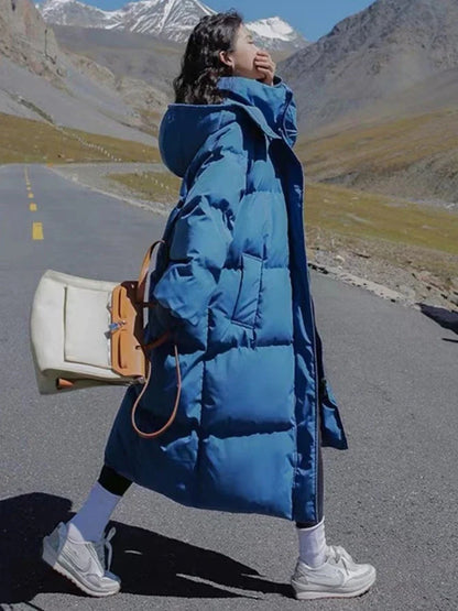 Long Thickened Down Cotton Bread Style Winter Korean Loose Long Knee Length Hooded Jacket