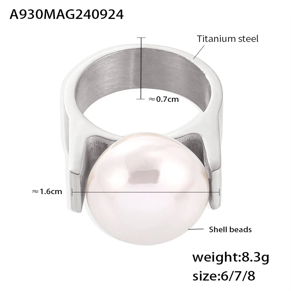 316L Stainless Steel Y Shaped Big Imitation Pearl Rings