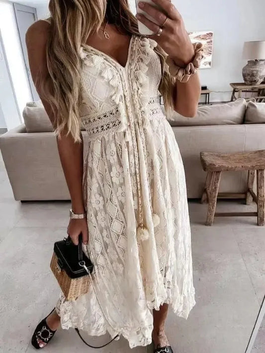 Sexy Long Dress Lace Sleeveless V Neck Hollow Out Elegant Loose Dress