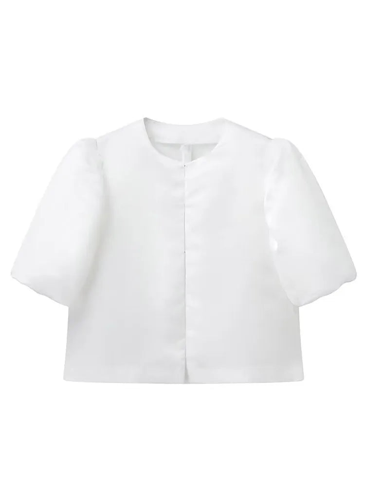 Satin Bubble Sleeves Round Neck Loose Shirt