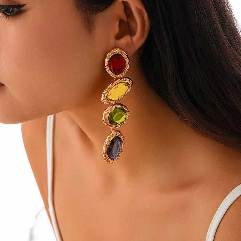 Exaggerated Colorful Crystal Long Pendant Earrings