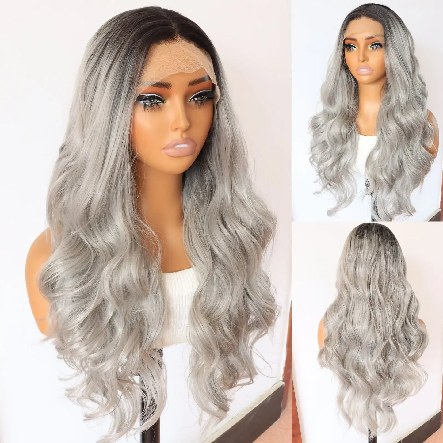Long Wavy White Synthetic Lace Front Wig