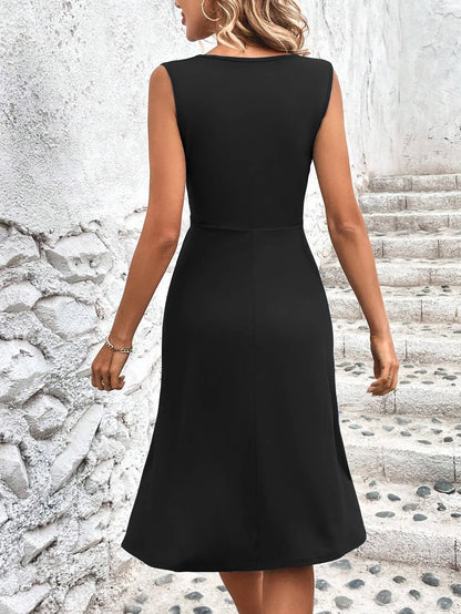 Elegant V Neck Wrap Waist Midi Sleeveless Dress