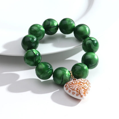 Boho Colorful Round Beads Heart Pendant Elastic Bracelets