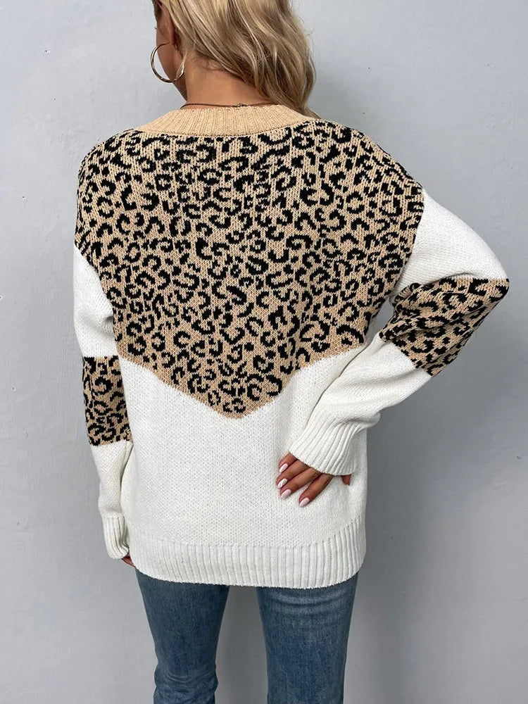 Casual Leopard V-Neck Long-Sleeved Loose Fitting Pullover Knitted Sweater Jumper