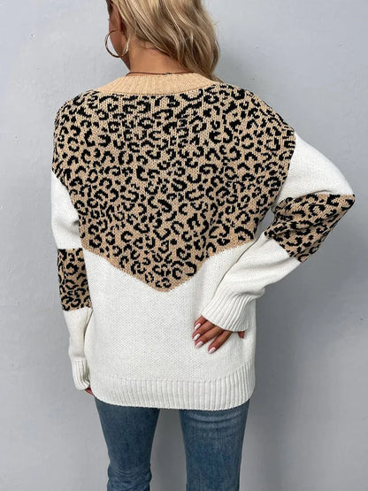 Casual Leopard V-Neck Long-Sleeved Loose Fitting Pullover Knitted Sweater Jumper