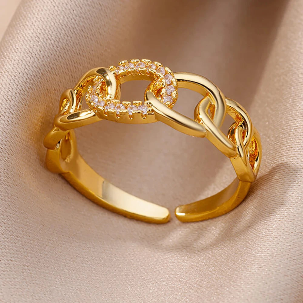 Chain Hollow Out Gold Stainless Steel Zircon Cross Ring