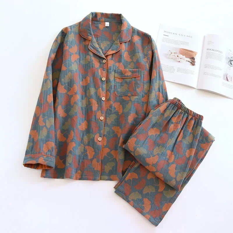 Suit Long-sleeved Trousers 100% Cotton Crepe Flower Leaves Pajama Sets