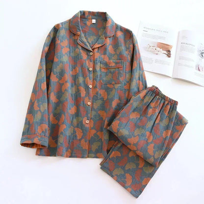 Suit Long-sleeved Trousers 100% Cotton Crepe Flower Leaves Pajama Sets
