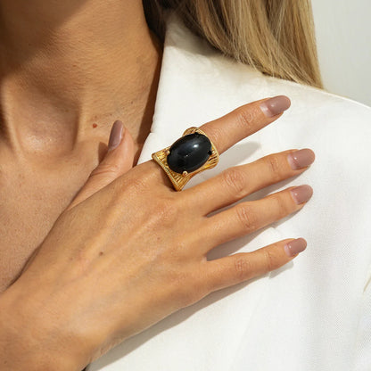 Rock Punk Hip Hop Vintage Elegant Black Brown Shading Resin Stone Chunky Metal Ring
