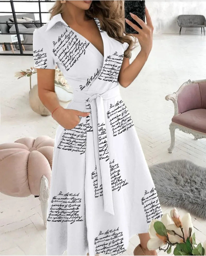 Short Sleeve Wrap V Neck Midi Dress