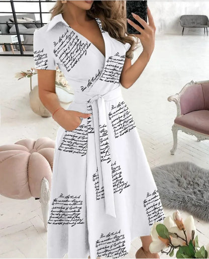 Short Sleeve Wrap V Neck Midi Dress