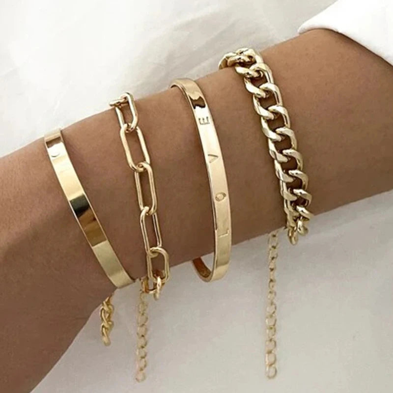 4pcs Punk Curb Cuban Chain Bracelets Set