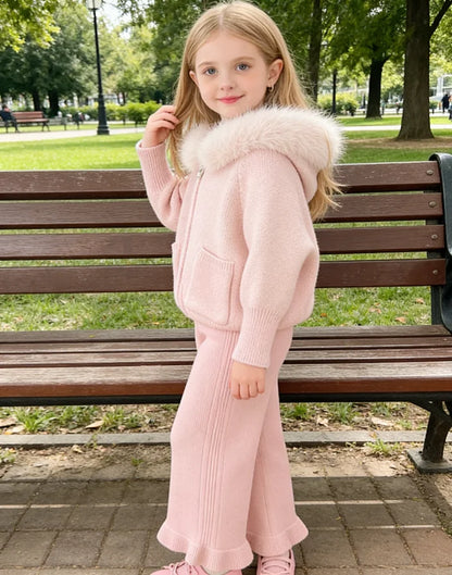 Autumn and Winter Wool Collar Hooded Sweater Pants Set