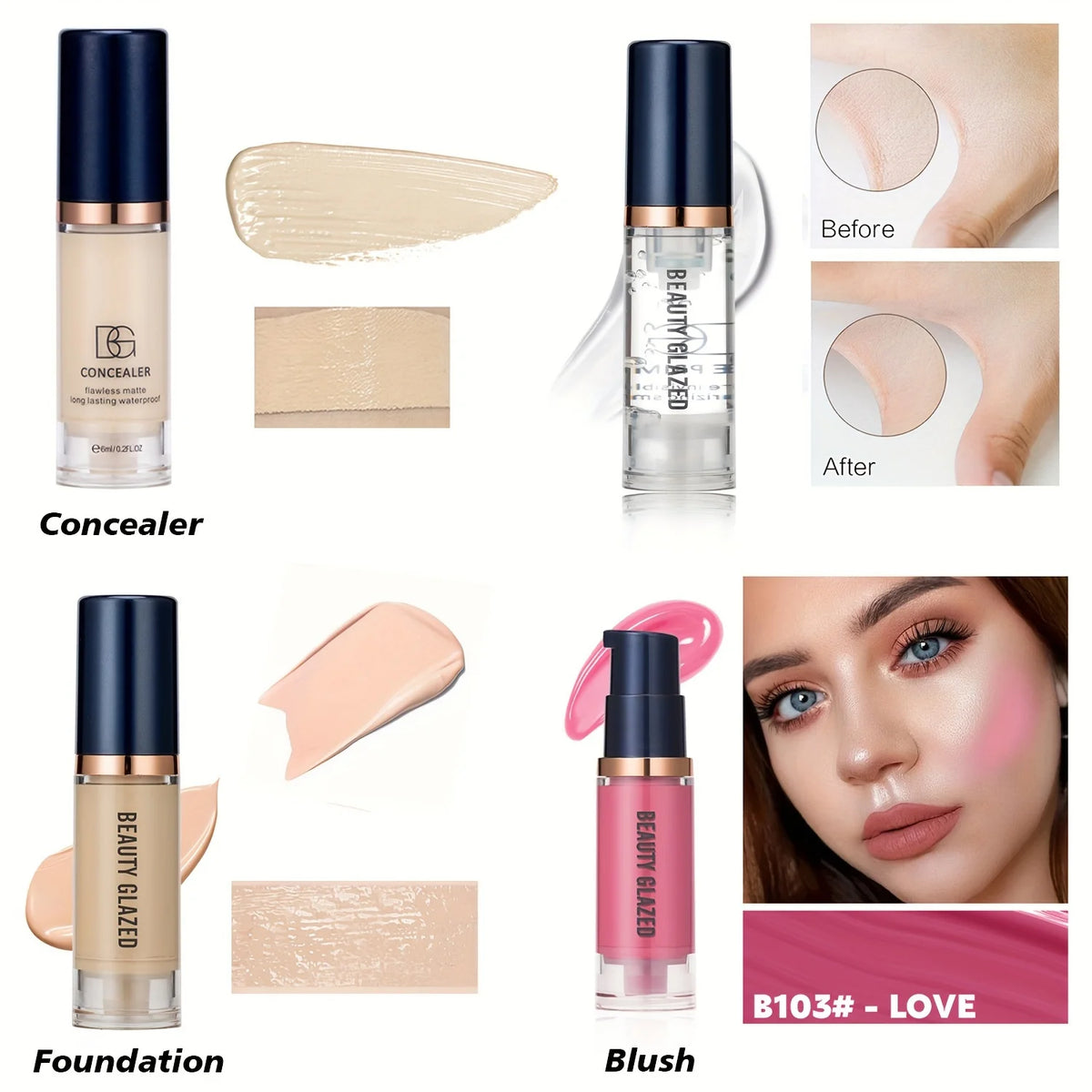 4Pcs Set Primer + Concealer + Liquid Foundation + Liquid Blush Matte Velvet Waterproof Foundation