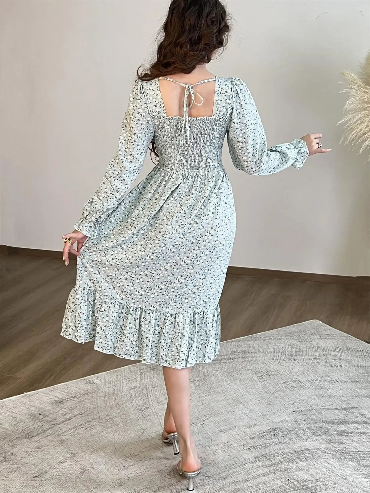 Long Sleeve Casual Chiffon Floral Elastic Chest Lace Up Midi Dress