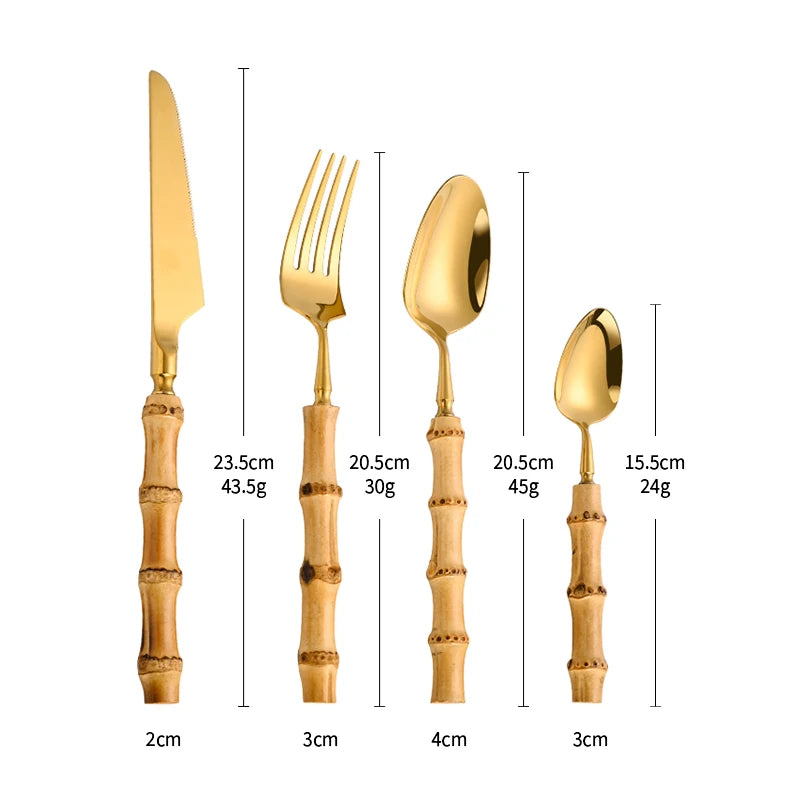 Natural Bamboo Handle Cutlery Set Stainless Steel Tableware Set