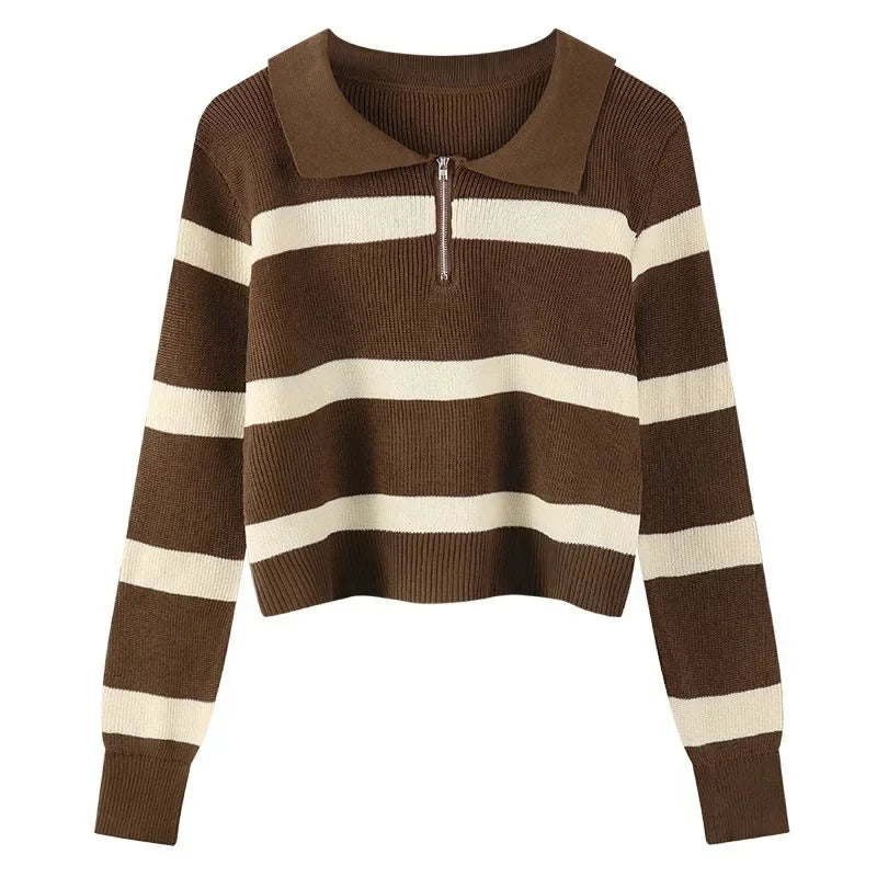 Loose Polo Neck Striped Korean Style Sweater