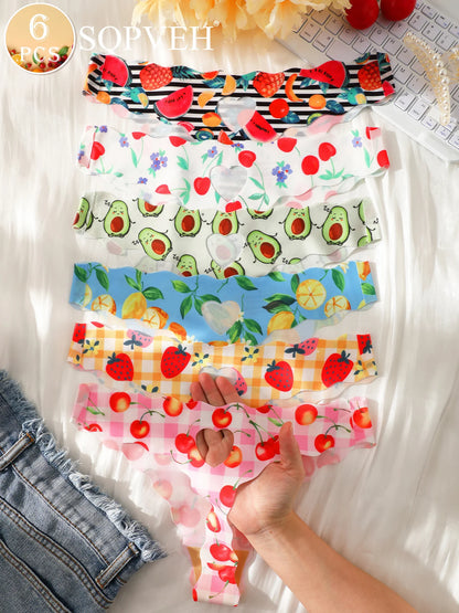 6Pcs Fruits Print Seamless Thongs No Show Invisible Soft Stretch Ice Silk Panties