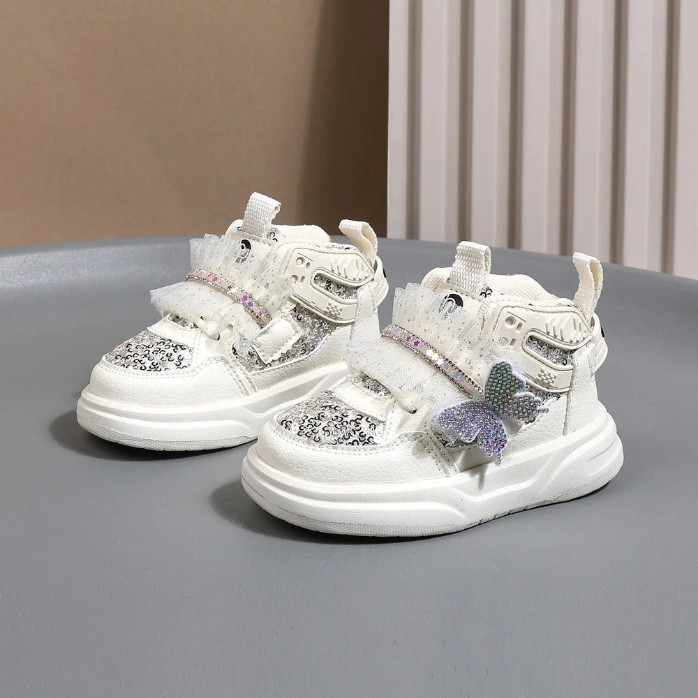 Autumn Children Leather Toddler Kids Sport  Bling Cute Butterfly Sneakers