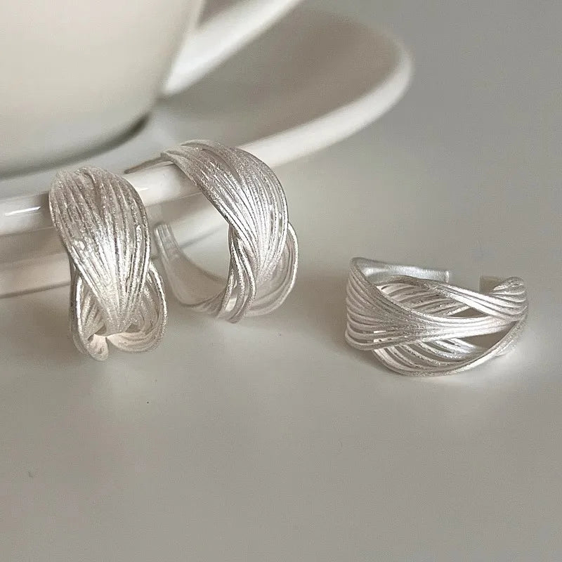 925 Sterling Silver Frosting Hoop Crossing Line Hollow Out Earrings