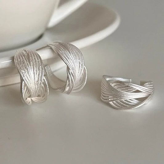 925 Sterling Silver Frosting Hoop Crossing Line Hollow Out Earrings