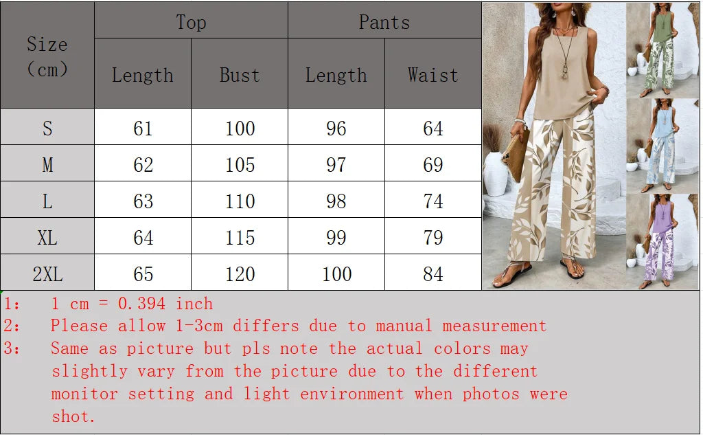 Sleeveless Tank Top Leaf Print Wide Leg Pants Set