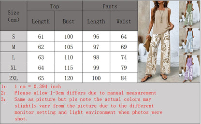 Sleeveless Tank Top Leaf Print Wide Leg Pants Set