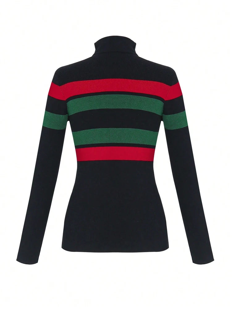 Slim-Fit High-Neck Straight-Shoulder Long-Sleeve Slim-Fit Striped Pullover