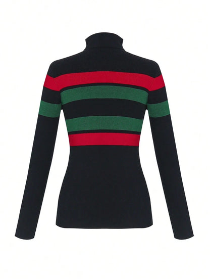 Slim-Fit High-Neck Straight-Shoulder Long-Sleeve Slim-Fit Striped Pullover