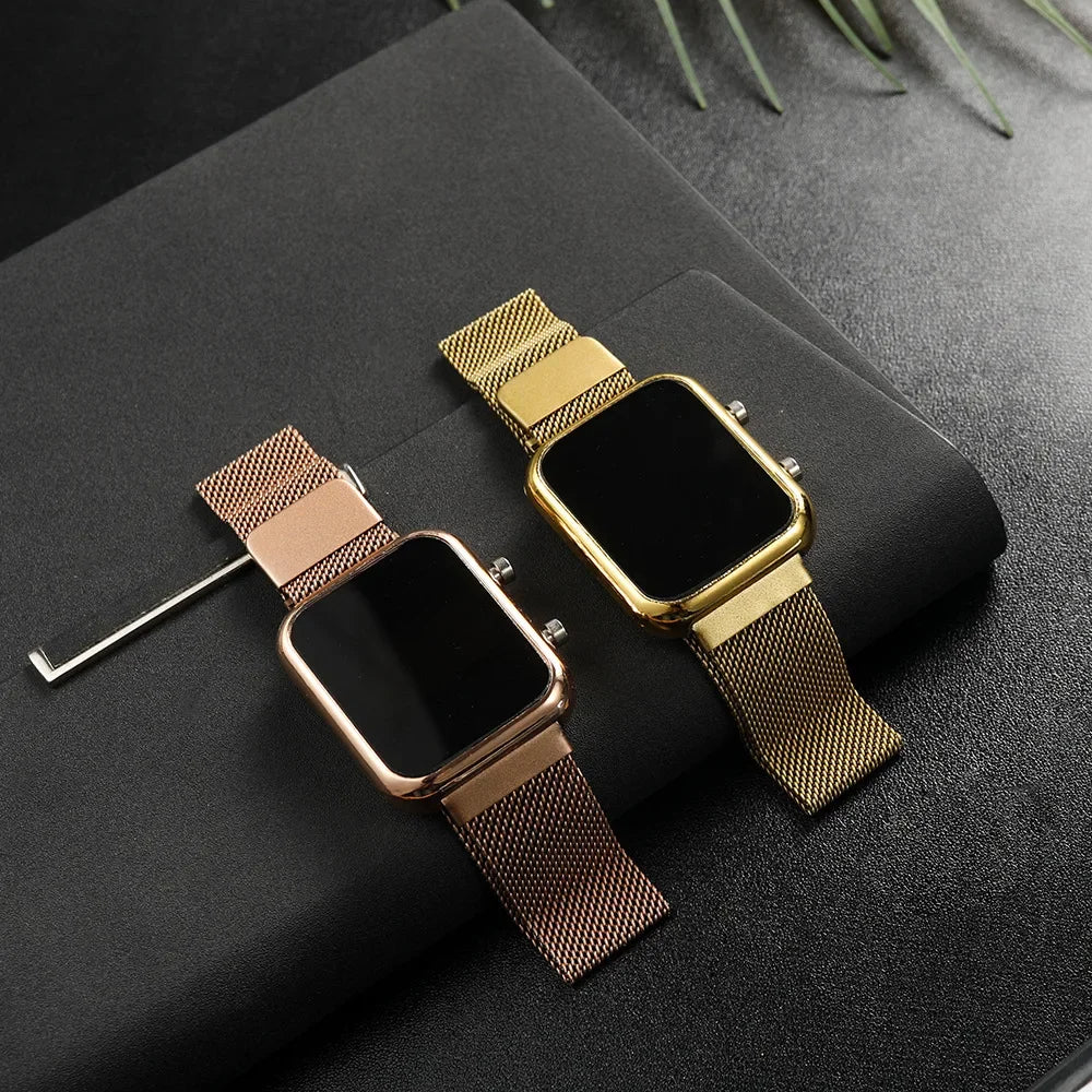 Rectangle LED Digital Luxury Rose Gold Magnetic Mesh Electronic Wristwatches
