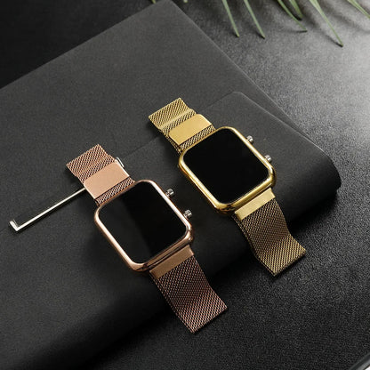 Rectangle LED Digital Luxury Rose Gold Magnetic Mesh Electronic Wristwatches