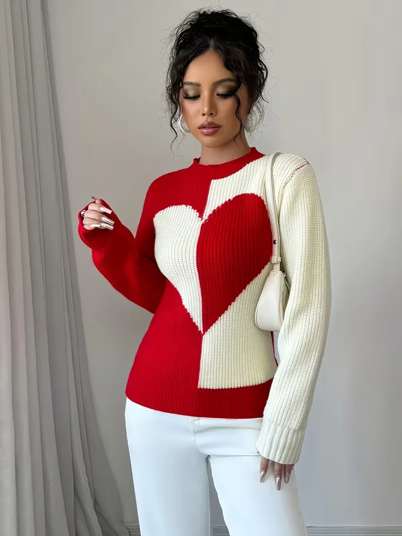 Colour-Block Heart Pattern Knitted Round Neck Long-Sleeve Casual Sweaters