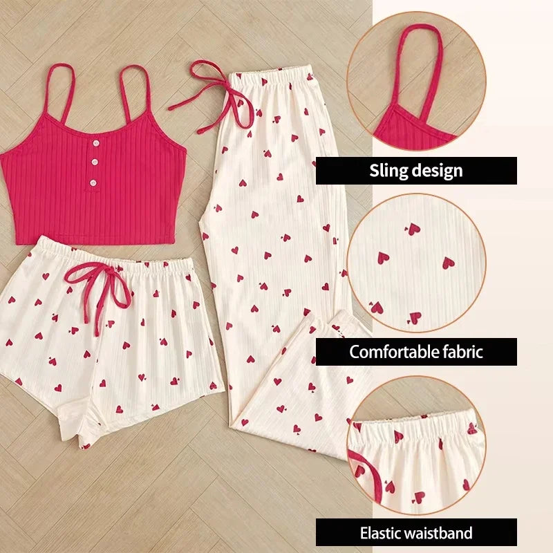 Casual Heart-Shaped Printed Vest and Shorts and Pants Paired with Ribbed Sleepwear Set