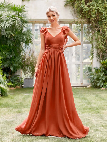Mgiacy V-neck cap sleeve ruffle lace Extra long evening gown Ball dress
