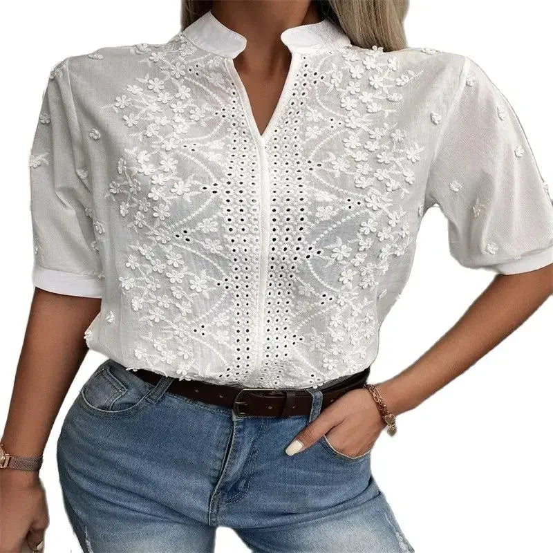 Elegant Short Sleeve White Crochet Blouses