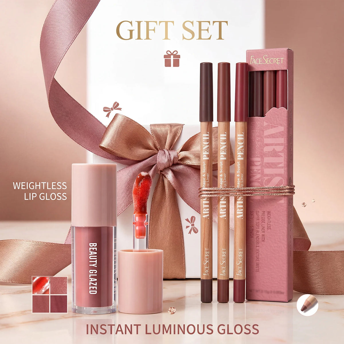 4Pcs Lip Liner & Lip Gloss Set Waterproof Long-lasting