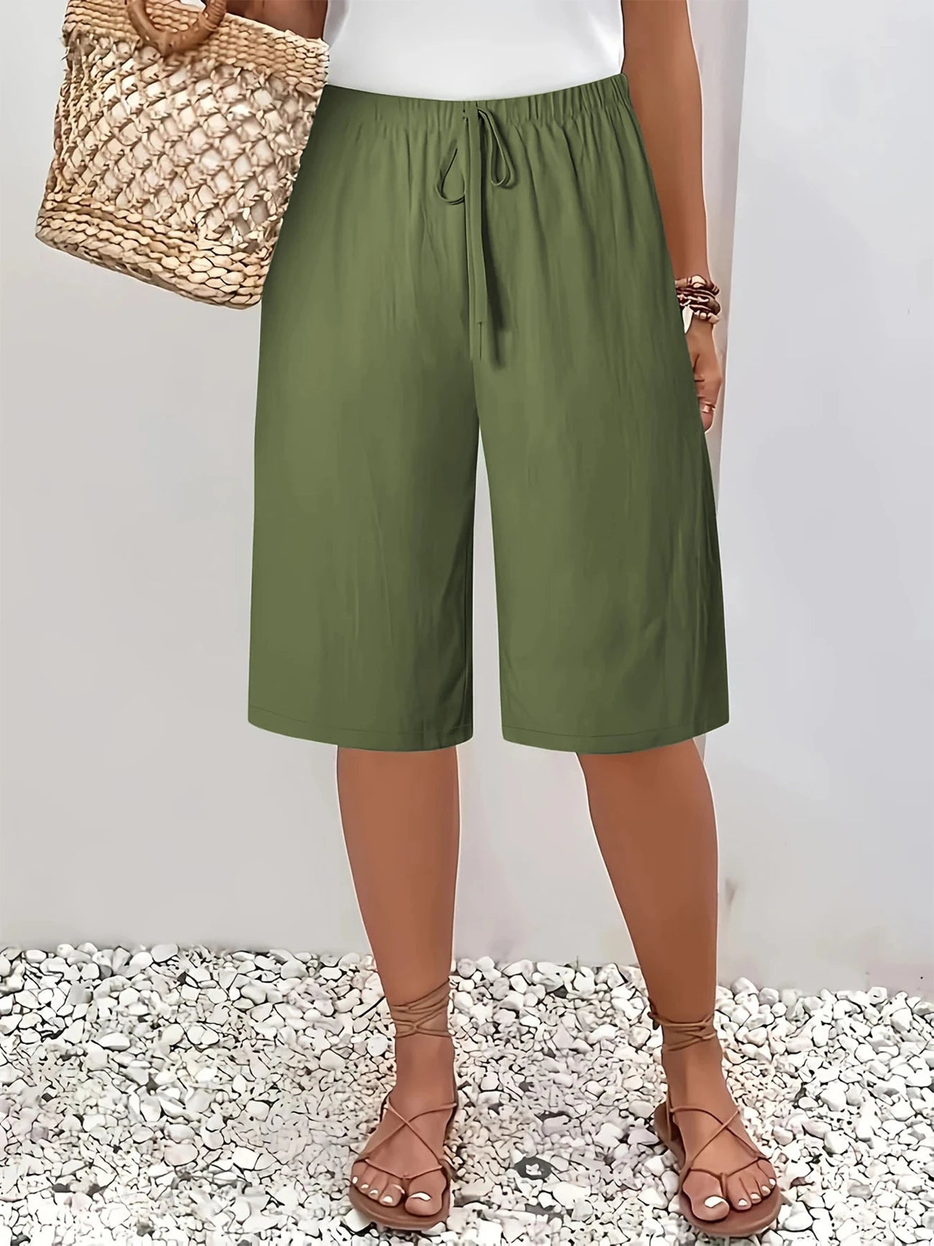 Elastic Waist Drawstrings Casual Wide Leg Knee Length Pants‌
