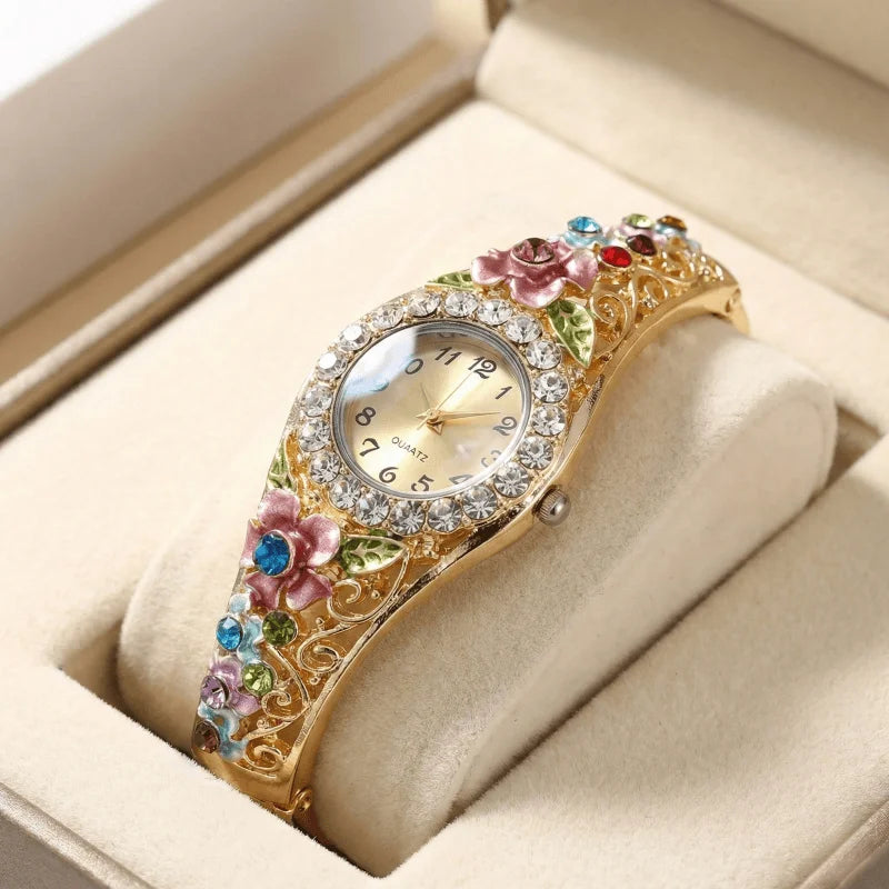 Luxury Watches Retro Elegant Flower Diamond Stainless Steel Quartz Wristwatches