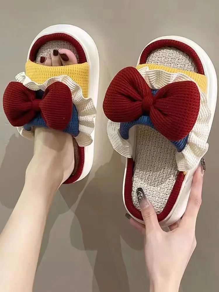 Linen Cute Platform Black Bow Soft Slippers