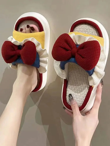 Linen Cute Platform Black Bow Soft Slippers