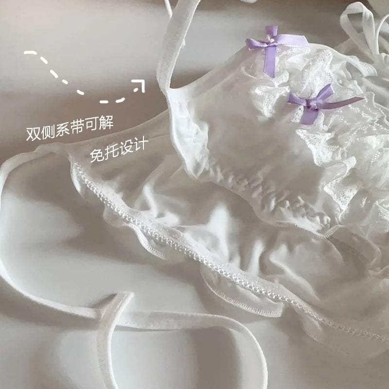 Double Bow Lace Ruffle Cute Underpants Low Waist Lace Up Ice Silk Breathable Panties