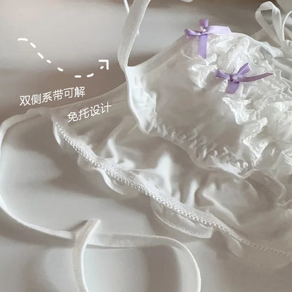 Double Bow Lace Ruffle Cute Underpants Low Waist Lace Up Ice Silk Breathable Panties